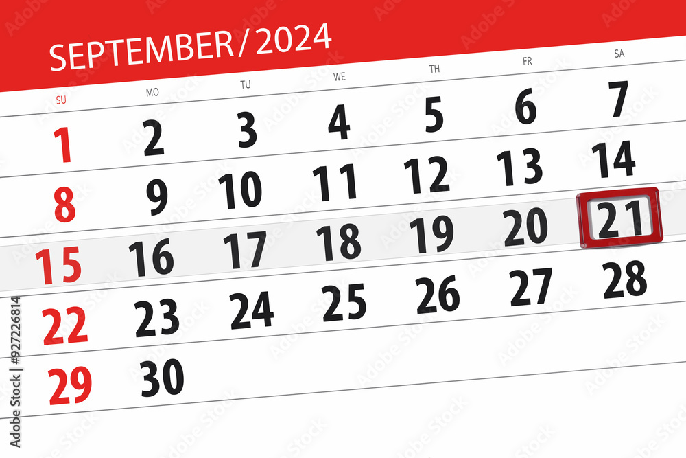 Fototapeta premium Calendar 2024, deadline, day, month, page, organizer, date, September, saturday, number 21