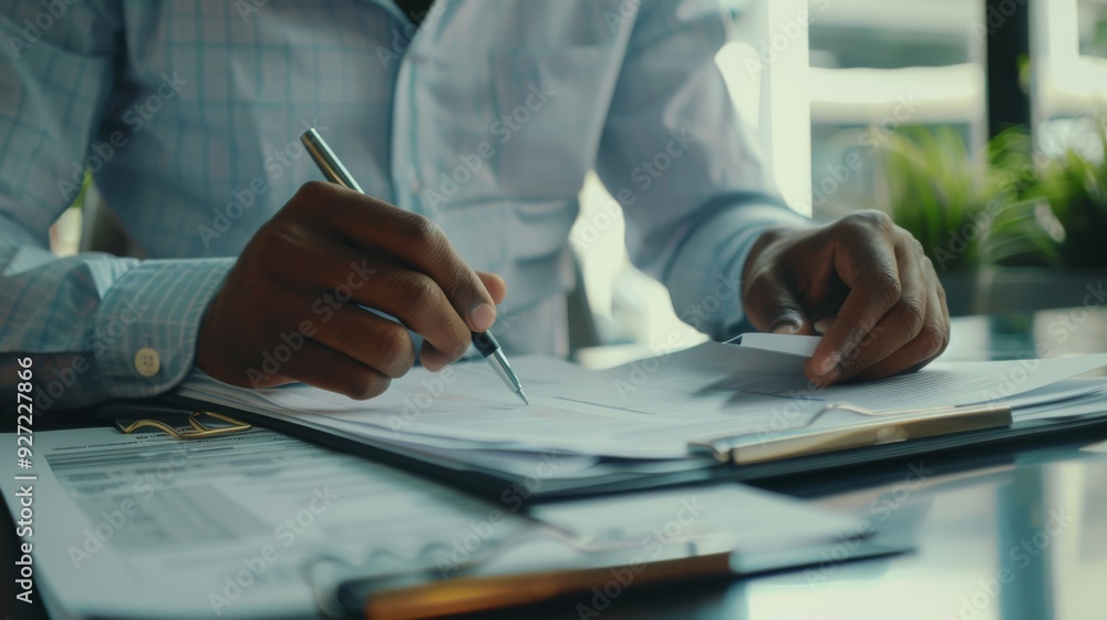 A person meticulously filling out paperwork at a desk, symbolizing attention to detail, documentation, and diligence in a professional setting. A person meticulously filling out paperwork at a desk, symbolizing attention to detail, documentation, and diligence in a professional setting.