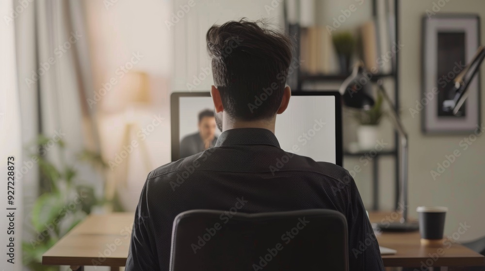 A view from behind of a person participating in a remote video call, seated at a desk with a computer monitor, capturing the essence of modern remote work. A view from behind of a person participating in a remote video call, seated at a desk with a computer monitor, capturing the essence of modern remote work.