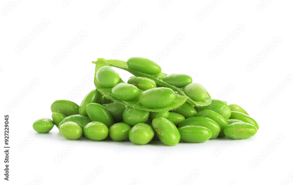 Raw green edamame soybeans and pods isolated on white Raw green edamame soybeans and pods isolated on white