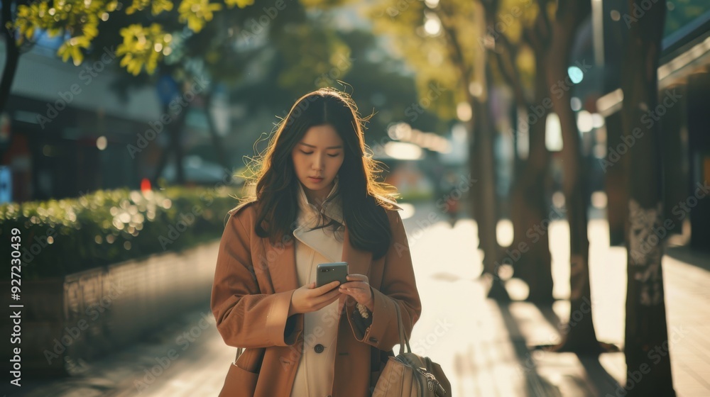 Fototapeta premium A stylish woman walks down a sunlit street, engrossed in her smartphone, exuding confidence and modern charm.