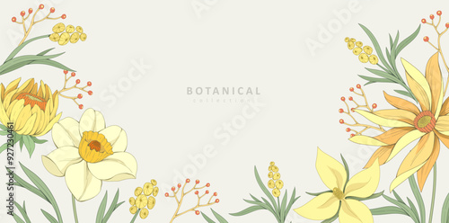 Retro colorful floral art with detailed various flowers and foliage, intricate details and delicate forms. Elegant botanical background or invitation card. Hand drawn vector illustration