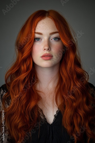 Portrait of a woman with long red hair looking directly at the camera.