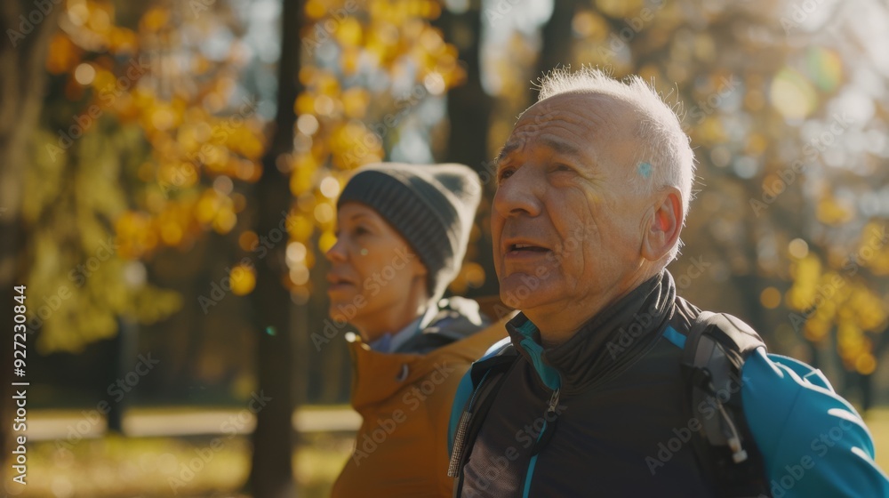 Two elderly individuals walking in a park surrounded by golden autumn leaves, embodying the spirit of warmth and companionship. Two elderly individuals walking in a park surrounded by golden autumn leaves, embodying the spirit of warmth and companionship.