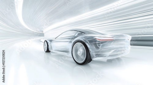 Electric Car with Transparent Body Racing Through White Tunnel with Motion Blur