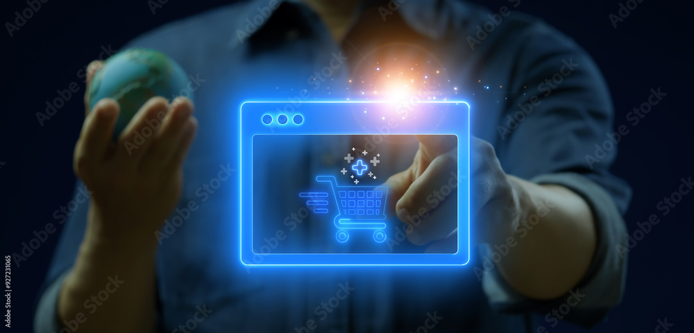 E-commerce, marketing, profit, investment, growth business, economy, finance and success concept. Businessman showing glowing neon line of shopping cart icon with plus signs inside website page. E-commerce, marketing, profit, investment, growth business, economy, finance and success concept. Businessman showing glowing neon line of shopping cart icon with plus signs inside website page.