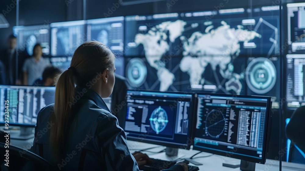 Woman Working on Computer in a Control Room with Multiple Monitors - Realistic Image Woman Working on Computer in a Control Room with Multiple Monitors - Realistic Image