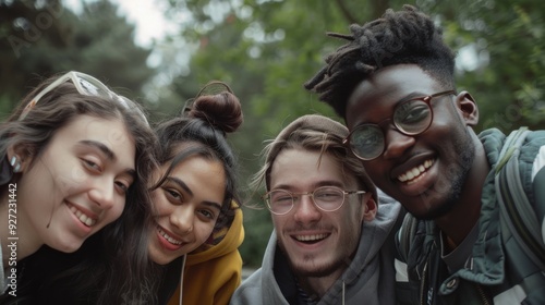 Four friends huddle close for a cheerful group selfie in an outdoor park, capturing their joyous and connected moment.