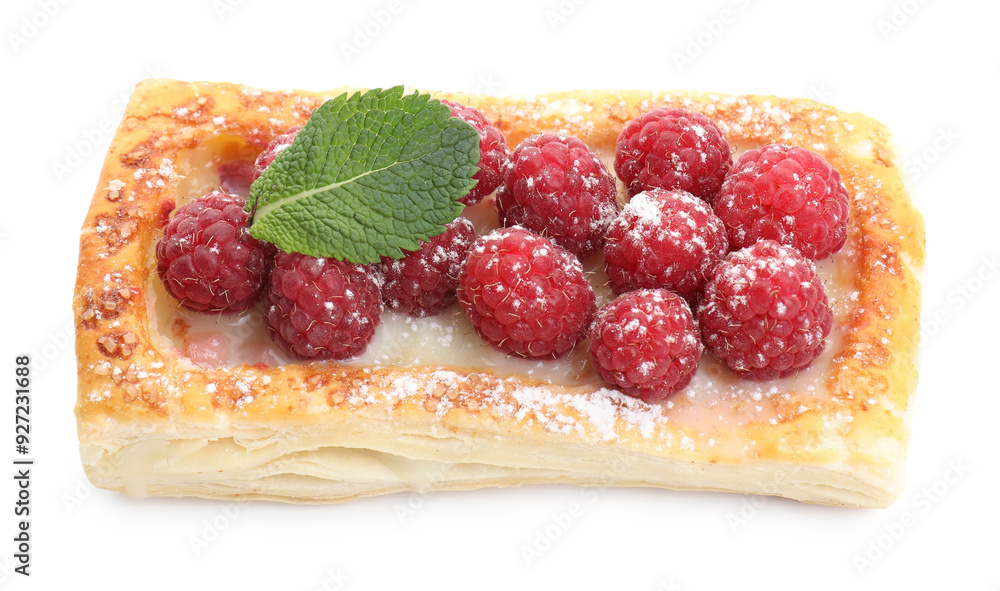 Tasty puff pastry with raspberries and mint isolated on white Tasty puff pastry with raspberries and mint isolated on white