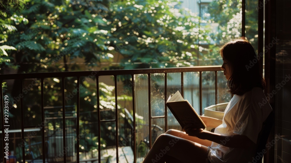 A woman sits on a balcony, reading a book under the gentle morning light, surrounded by leafy green plants in an intimate, quiet setting. A woman sits on a balcony, reading a book under the gentle morning light, surrounded by leafy green plants in an intimate, quiet setting.