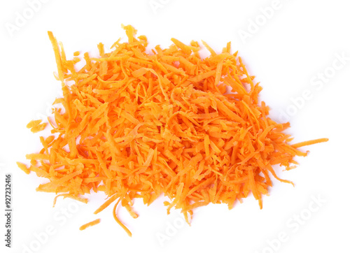 Pile of fresh grated carrot isolated on white, top view photo