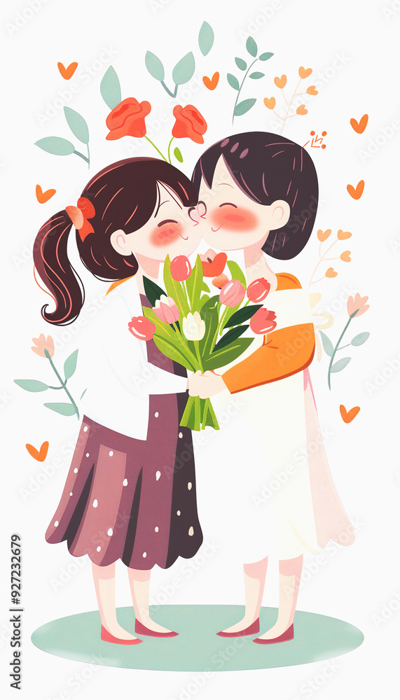 Two Smiling Girls Embrace with a Bouquet of Tulips Two Smiling Girls Embrace with a Bouquet of Tulips
