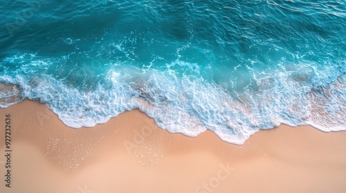 Top view beautiful sandy beach and soft blue ocean wave