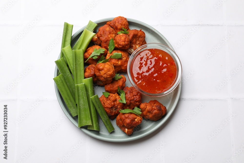 Baked cauliflower buffalo wings with celery and sauce on white tiled table, top view Baked cauliflower buffalo wings with celery and sauce on white tiled table, top view