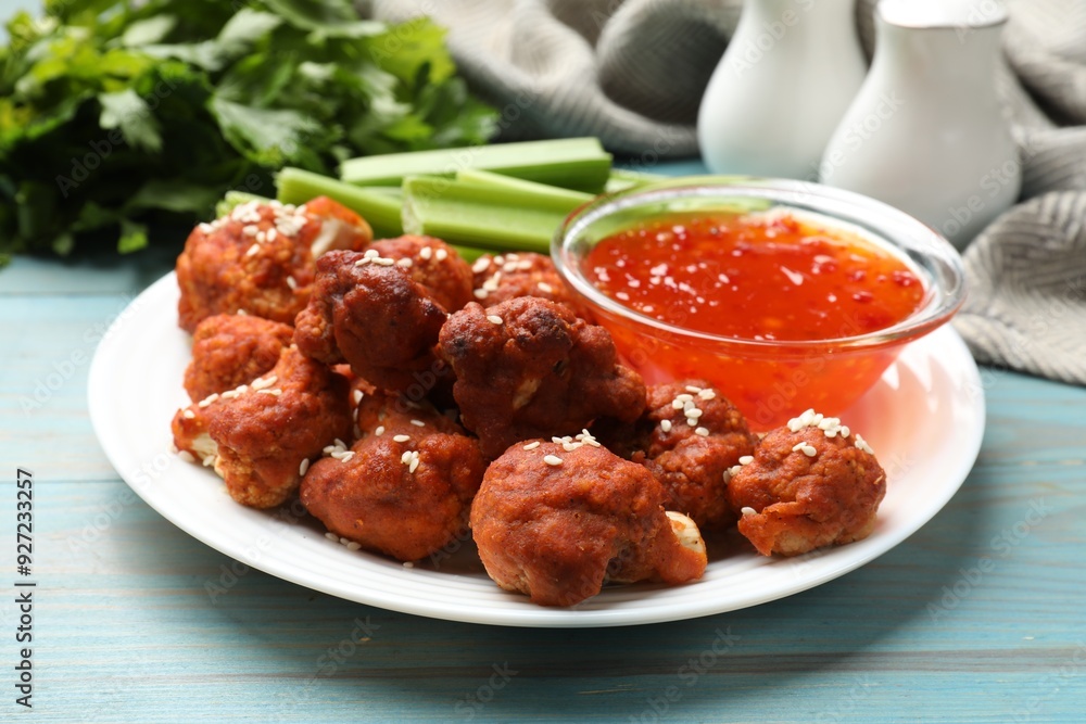 Tasty cauliflower buffalo wings, sauce and celery on light blue wooden table, closeup Tasty cauliflower buffalo wings, sauce and celery on light blue wooden table, closeup