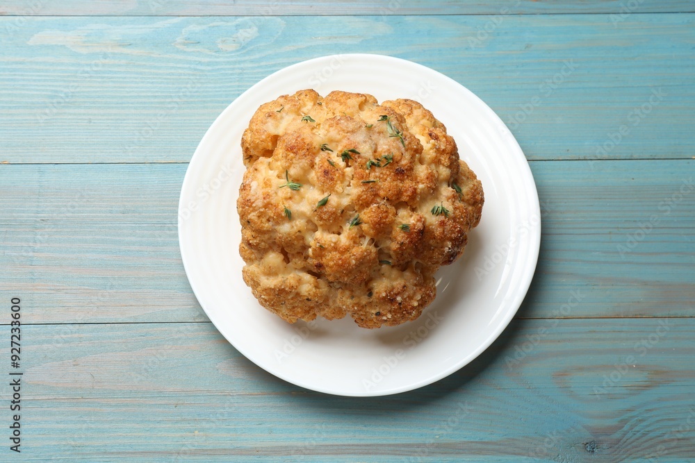 Delicious baked cauliflower on light blue wooden table, top view Delicious baked cauliflower on light blue wooden table, top view