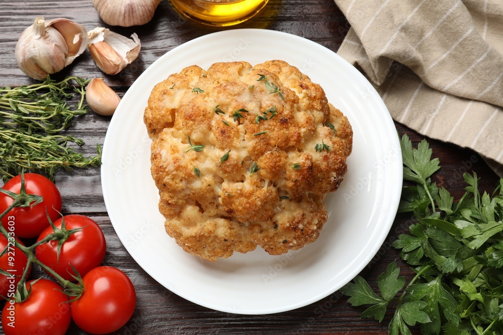 Delicious baked cauliflower, tomatoes and spices on wooden table, flat lay Delicious baked cauliflower, tomatoes and spices on wooden table, flat lay