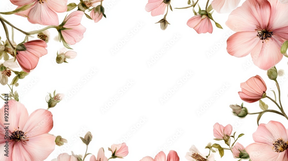A delicate frame of pink flowers with soft petals arranged on a white background, symbolizing love, beauty, new beginnings, celebration, and romance.