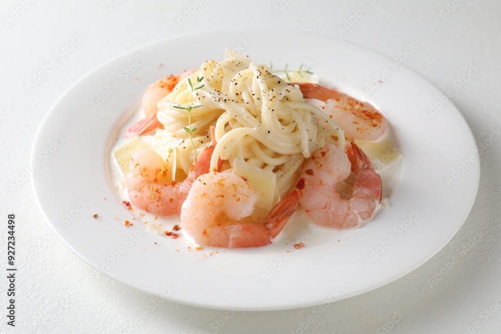 Delicious pasta with shrimps and cheese on white table, closeup Delicious pasta with shrimps and cheese on white table, closeup