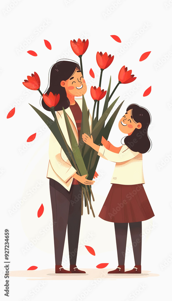A Young Girl Giving Her Mother A Bouquet of Tulips A Young Girl Giving Her Mother A Bouquet of Tulips