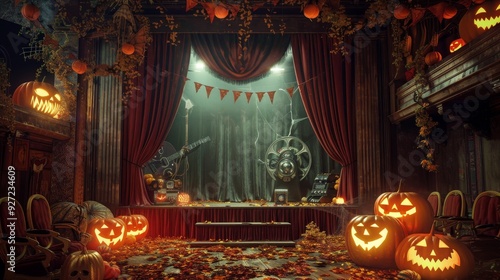 Wallpaper Mural A dimly lit stage with red curtains, draped with autumn leaves and lit jack-o-lanterns. The scene evokes a mysterious and eerie Halloween atmosphere. Torontodigital.ca