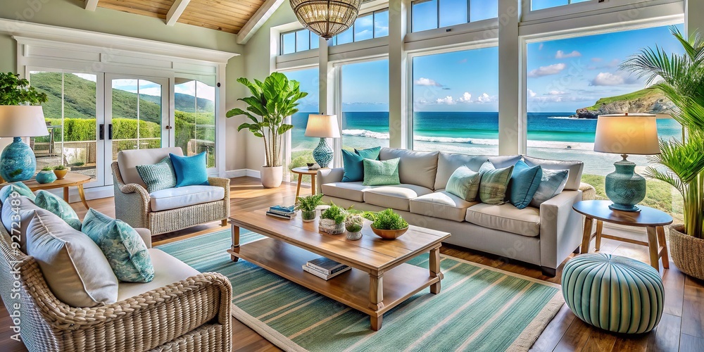 Coastal Haven: Beachy blues and greens, natural textures, open spaces, calming ambiance Coastal Haven: Beachy blues and greens, natural textures, open spaces, calming ambiance