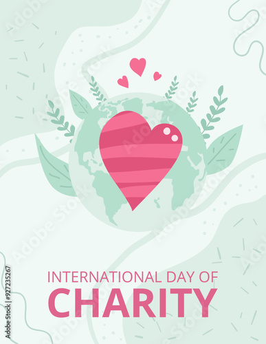 International day of charity template. Charitable event greeting card. Planet Earth with heart invitation background. Vector illustration.