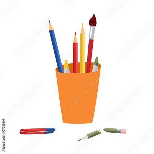 Creative tools in cup. Colored pencils, brush, crayons. school holder case for pen. Stationery isolated on white background. Office stationery tool collection. Container tools. Flat vector illustratio