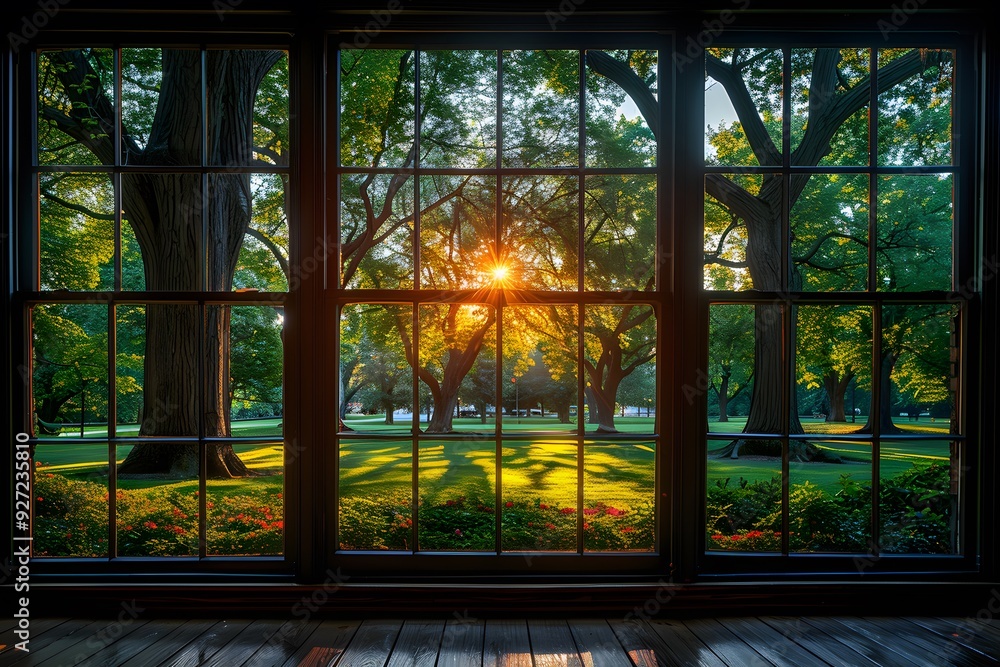 Sunset View Through Large Picture Window Overlooking Serene Park Nature, Tranquility, and Relaxation Sunset View Through Large Picture Window Overlooking Serene Park Nature, Tranquility, and Relaxation