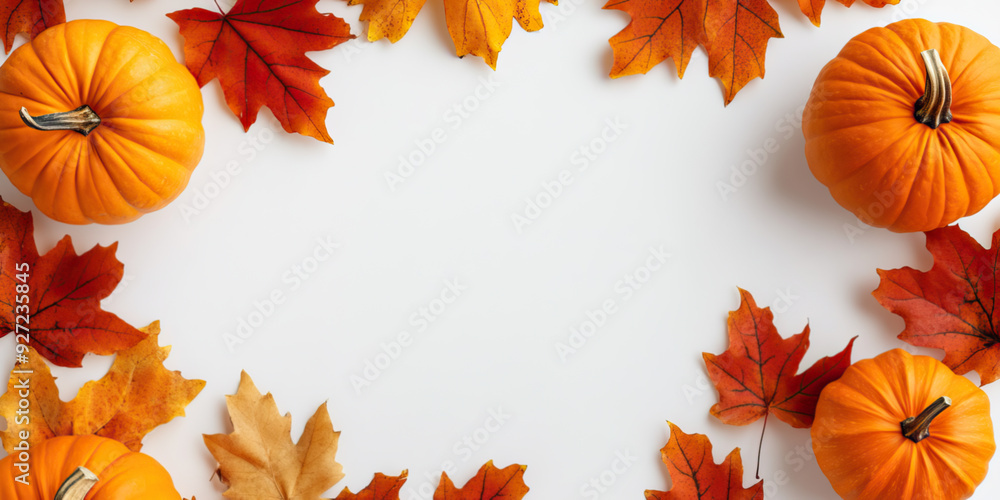 Fototapeta premium An autumn-themed frame with pumpkins and leaves on a white background presented in a flat lay style