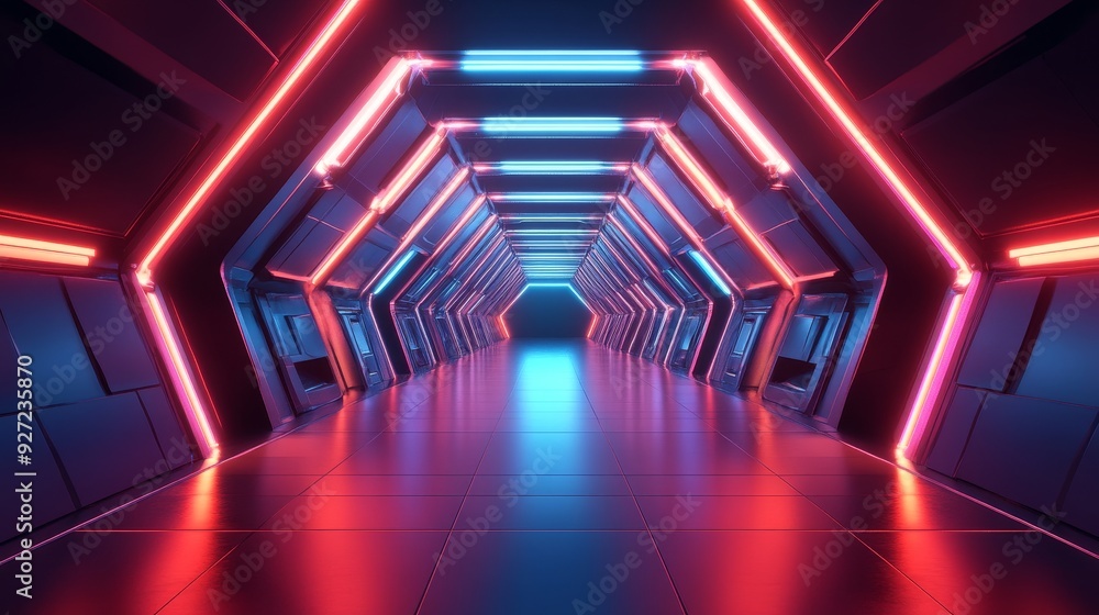 A futuristic corridor with glowing red and blue neon lights, symbolizing technology, progress, innovation, and the future. The reflective floor adds to the sense of depth and space. A futuristic corridor with glowing red and blue neon lights, symbolizing technology, progress, innovation, and the future. The reflective floor adds to the sense of depth and space.