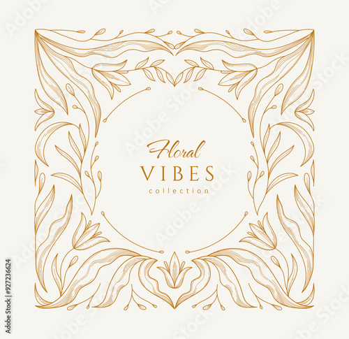 Retro floral frame or cover. Botanic design elements in wavy and naive style. Boho leaves branches and blooming print for poster, social media and packaging or greeting card. Vector illustration