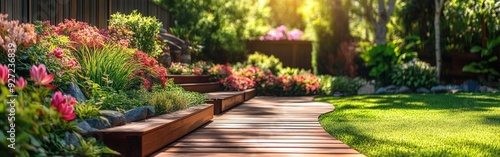 Serene Garden Pathway with Wooden Steps and Flowers