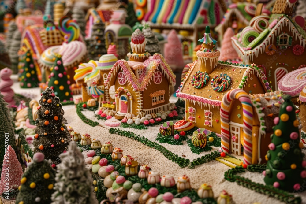 Fototapeta premium A close-up of a gingerbread village with intricate details, colorful candies, and festive decorations