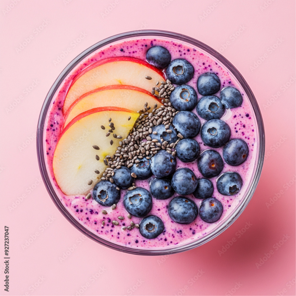 very tasty picture photo, top view, hemp protein with apple, blueberries in a glass, pink background very tasty picture photo, top view, hemp protein with apple, blueberries in a glass, pink background