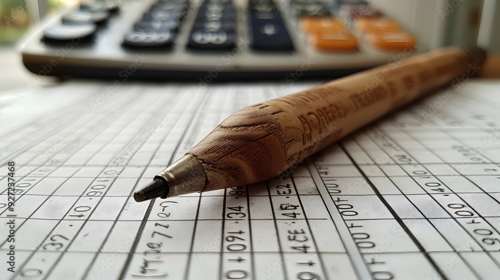 Wooden Pencil on White Grid Paper with Calculator in Background - Photo Wooden Pencil on White Grid Paper with Calculator in Background - Photo