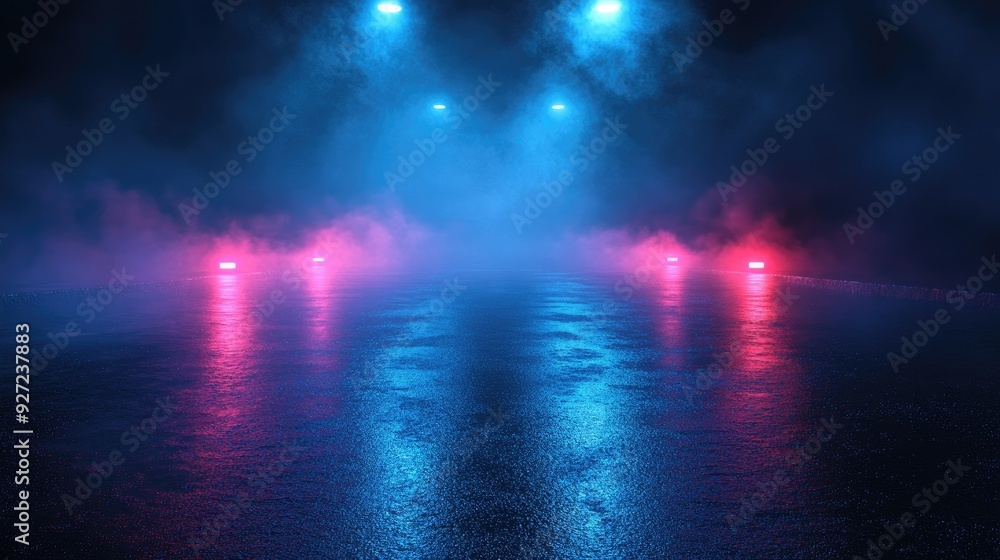 Fototapeta premium Neon lights and fog reflect on wet ground. Use for cyberpunk, fantasy, or sci-fi themes.