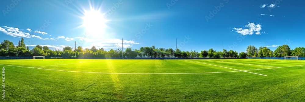 A panoramic view of a green soccer field on a sunny day, with a bright blue sky and white clouds. The field is perfectly manicured, representing a sporting opportunity, healthy lifestyle, and teamwork A panoramic view of a green soccer field on a sunny day, with a bright blue sky and white clouds. The field is perfectly manicured, representing a sporting opportunity, healthy lifestyle, and teamwork