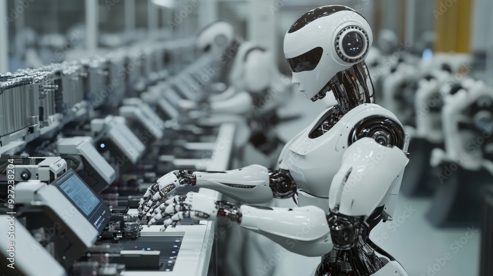 Fototapeta premium A humanoid robot giving instructions to other machines in a smart factory