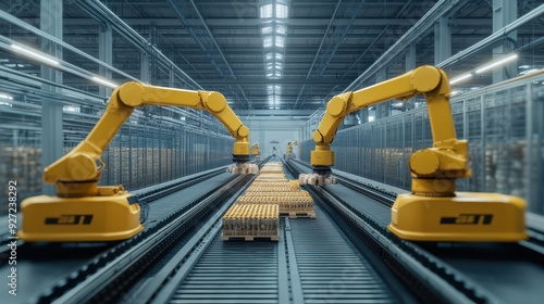 Automated Robotic Arms Sorting and Packaging Items on Conveyor Belt in Factory