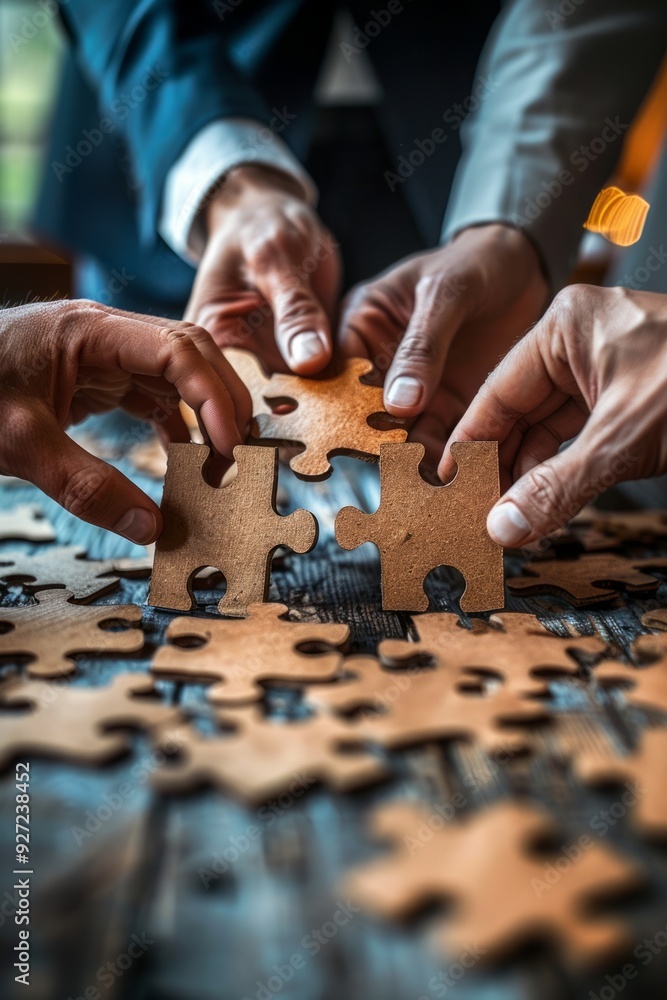 Business professionals work together to assemble a wooden puzzle Business professionals work together to assemble a wooden puzzle