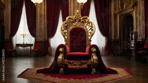 A red chair with a gold frame and red curtains with candles on it.