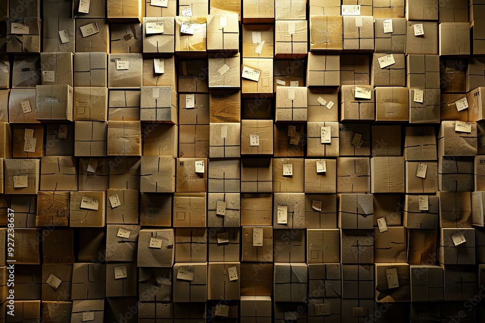 A wall covered in stacked boxes with labels, suggesting storage or shipping purposes. A wall covered in stacked boxes with labels, suggesting storage or shipping purposes.