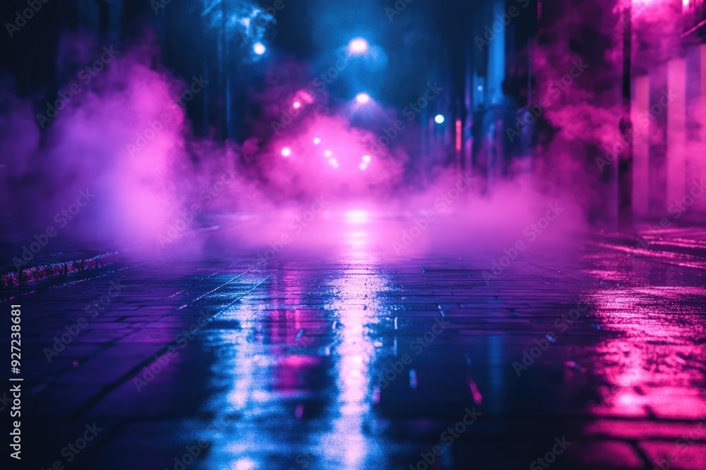 A wet city street at night with neon lights and fog. This photo can be used for backgrounds, websites, and social media. A wet city street at night with neon lights and fog. This photo can be used for backgrounds, websites, and social media.