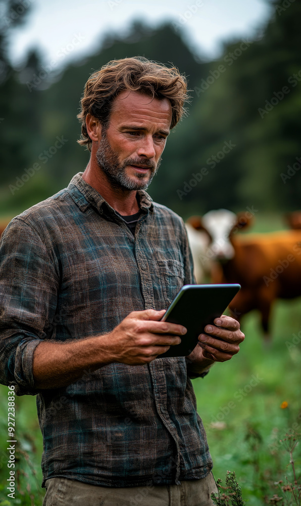 Farmer using tablet in field with cows on a sunny afternoon. A farmer checks his tablet while standing in a lush field with grazing cows. Farmer using tablet in field with cows on a sunny afternoon. A farmer checks his tablet while standing in a lush field with grazing cows.
