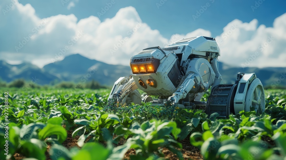 Futuristic Robots Harvesting Crops in an Advanced Agricultural Scene Futuristic Robots Harvesting Crops in an Advanced Agricultural Scene