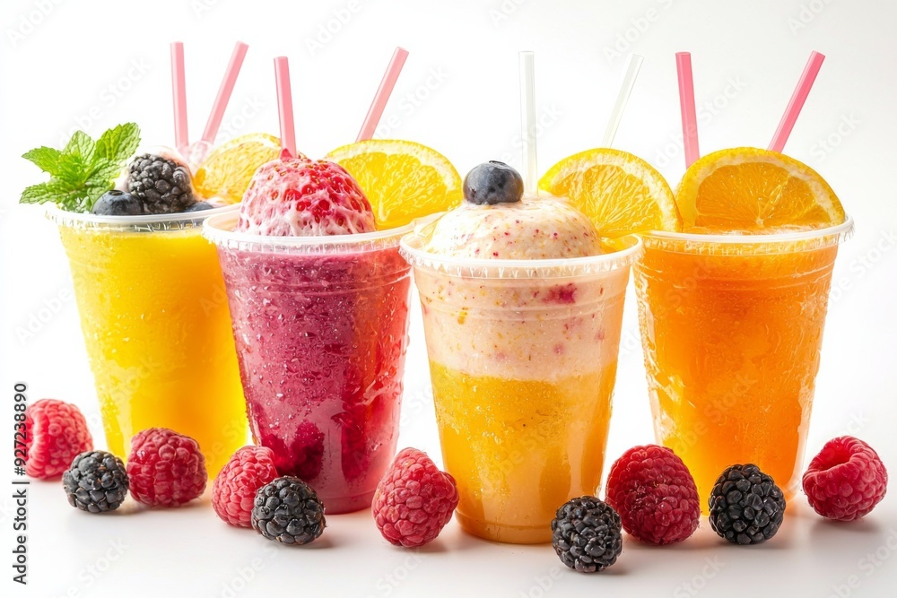 Juices and Floats in Plastic Cup on white background created with Generative AI Juices and Floats in Plastic Cup on white background created with Generative AI