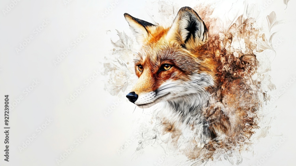 Obraz premium A red fox with a sharp, intelligent gaze, surrounded by soft, abstract floral elements. The image evokes a sense of wilderness, beauty, and cunning.