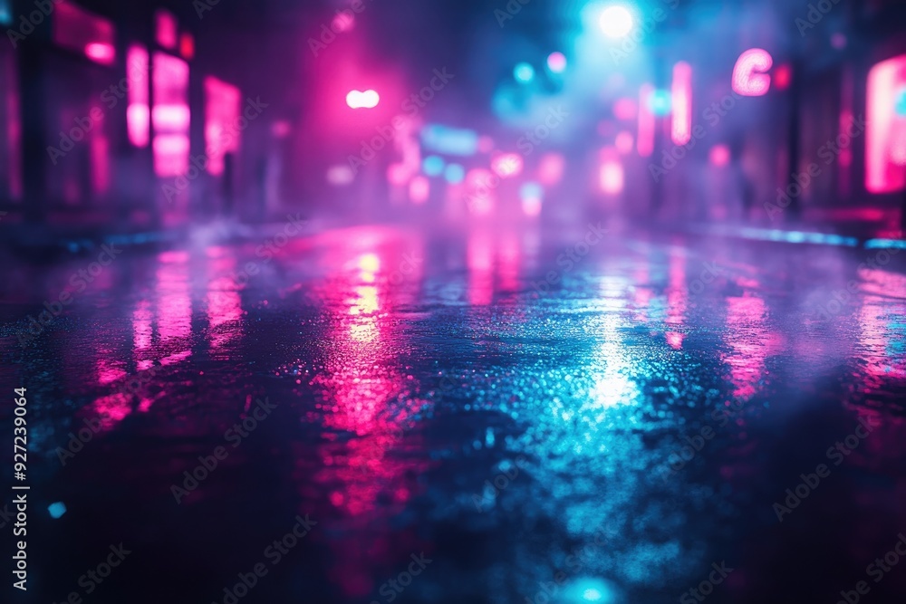 A wet city street at night, illuminated by pink and blue lights. This image is perfect for creating a moody and atmospheric background for designs. A wet city street at night, illuminated by pink and blue lights. This image is perfect for creating a moody and atmospheric background for designs.