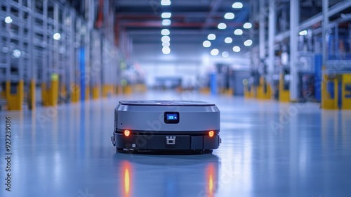 Futuristic Robot Guiding Autonomous Vehicle in Manufacturing Facility.